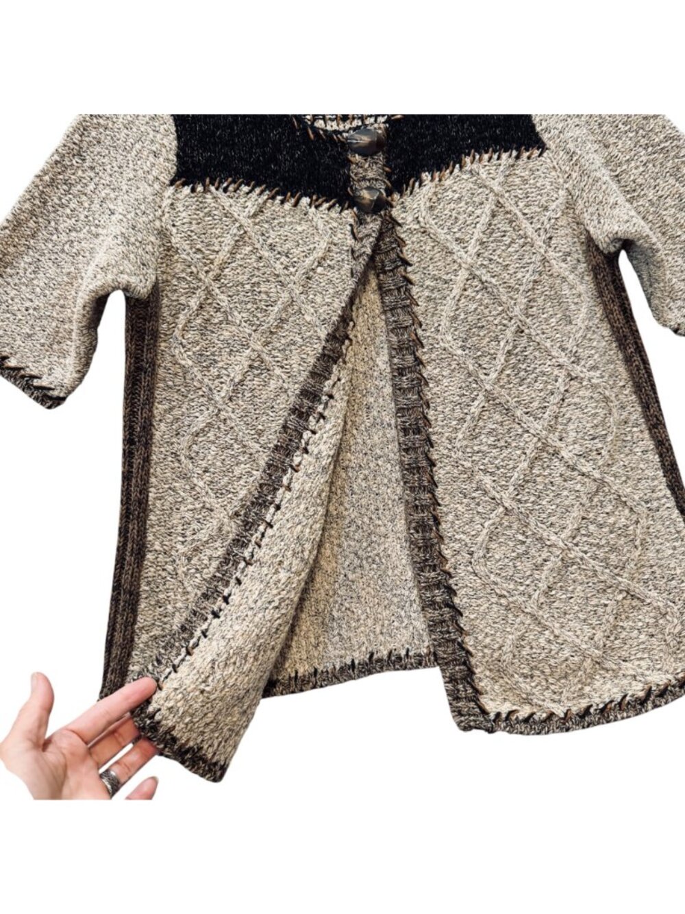 Coldwater Creek Short Sleeved Cardigan L Black Yoke Top Stitch Cozy Chunky Lodge - Picture 4 of 10